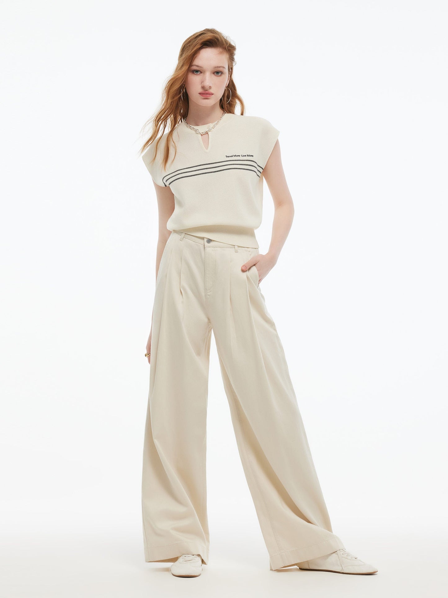 Tencel Blend Stripe Letter Print Women Cap Sleeve Knit Top
