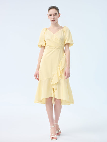 100% Cotton Ruffle Puff Sleeve Women Wrap Midi Dress