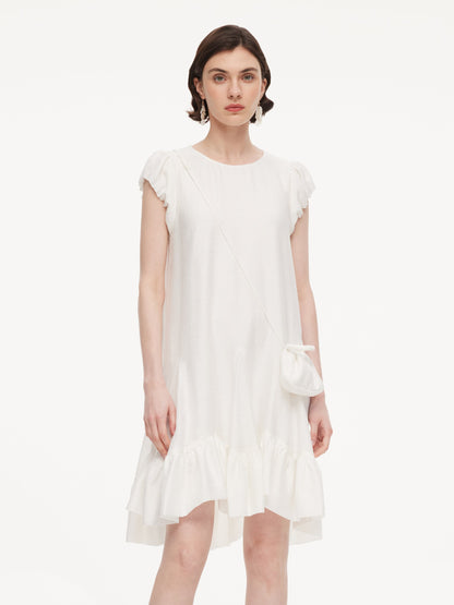 Lyocell Acetate Linen Blend Ruffle Hem Women Mini Dress With Crossbody Bag