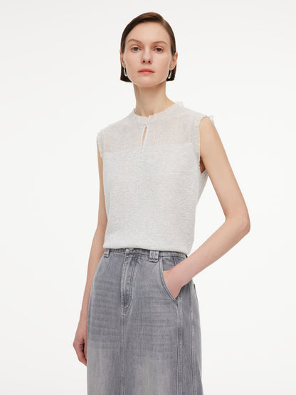Jacquard Cut Out Neckline Women Ruffle Knit Tank Top