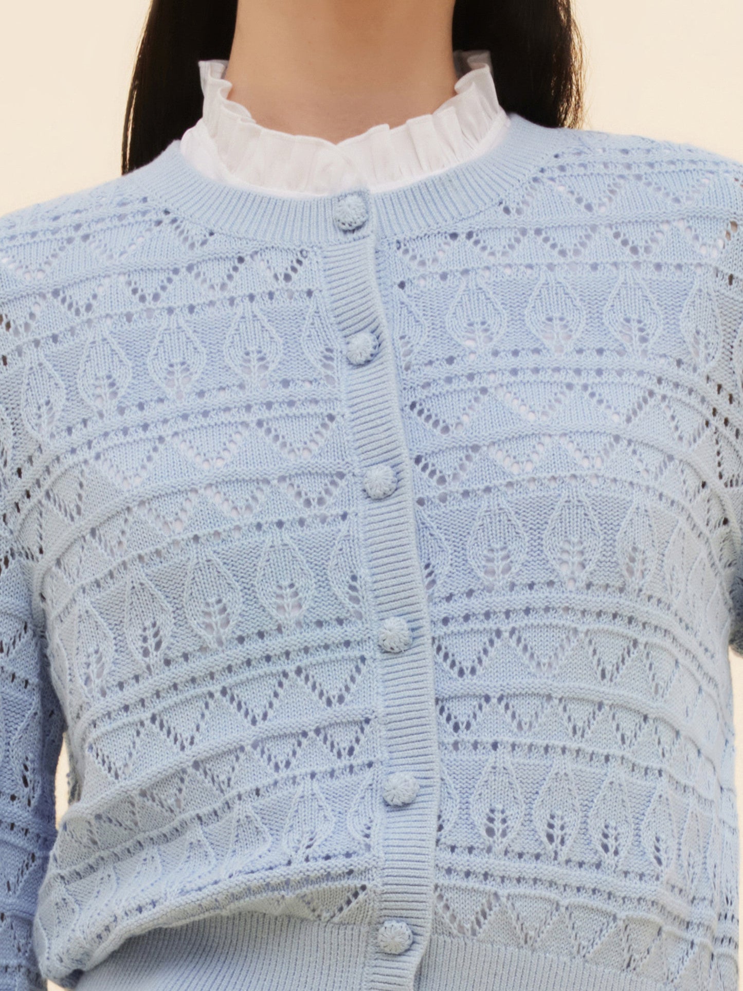 Cotton Openwork Women Round Neck Cardigan