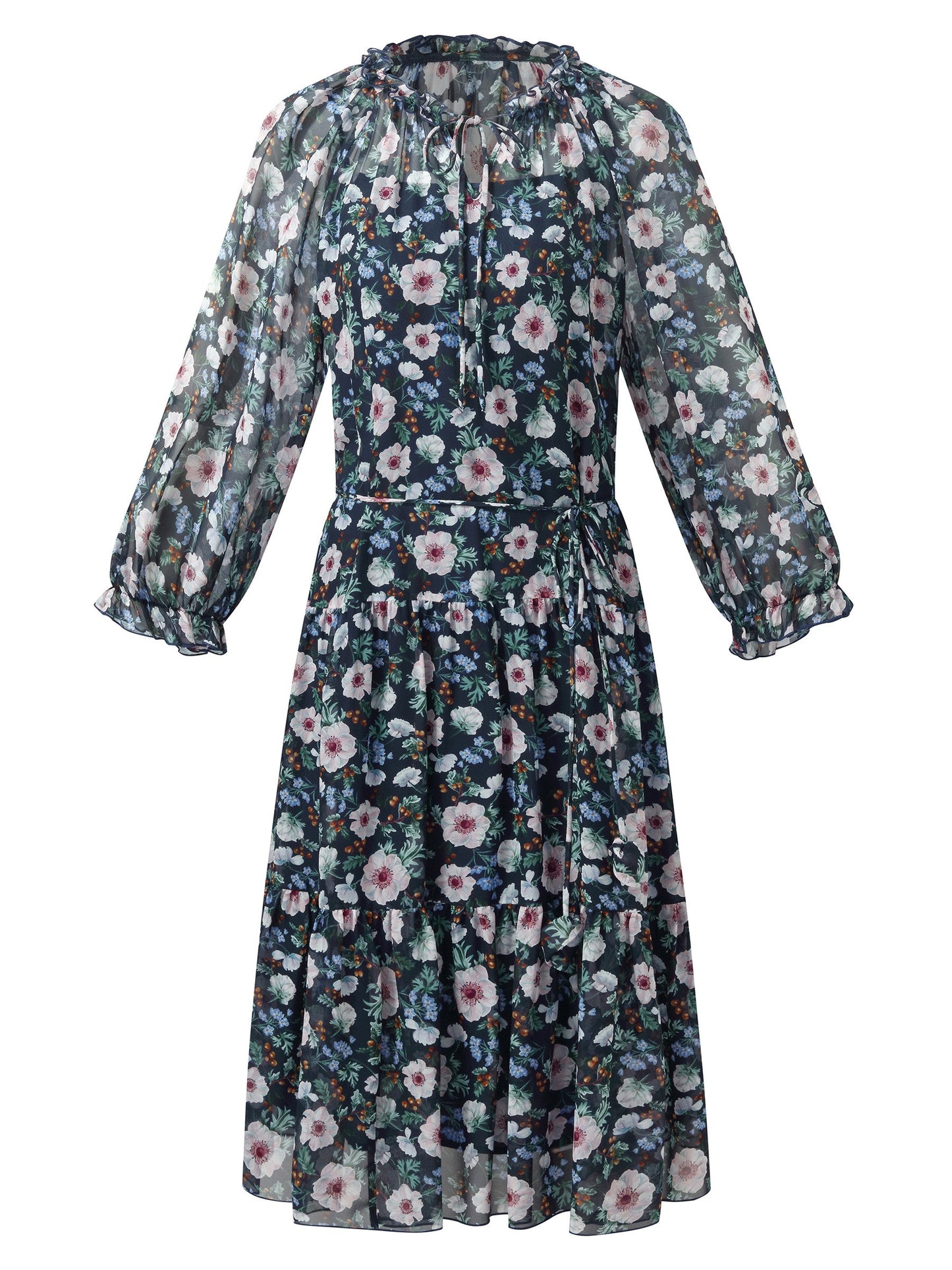 10MM Mulberry Silk Floral Print Women Ruffle Collar Midi Dress