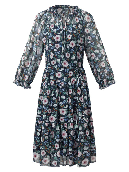 10MM Mulberry Silk Floral Print Women Ruffle Collar Midi Dress
