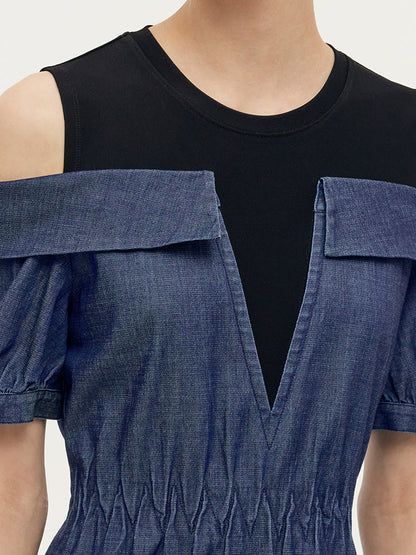 Denim Lyocell Cold Shoulder Patchwork Women Midi Dress