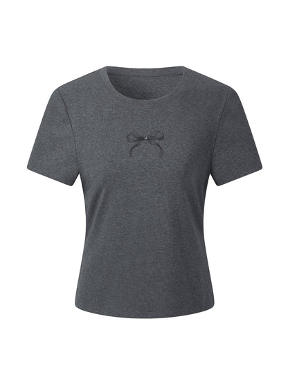 Bowknot Print Gathered Waist Women T-Shirt