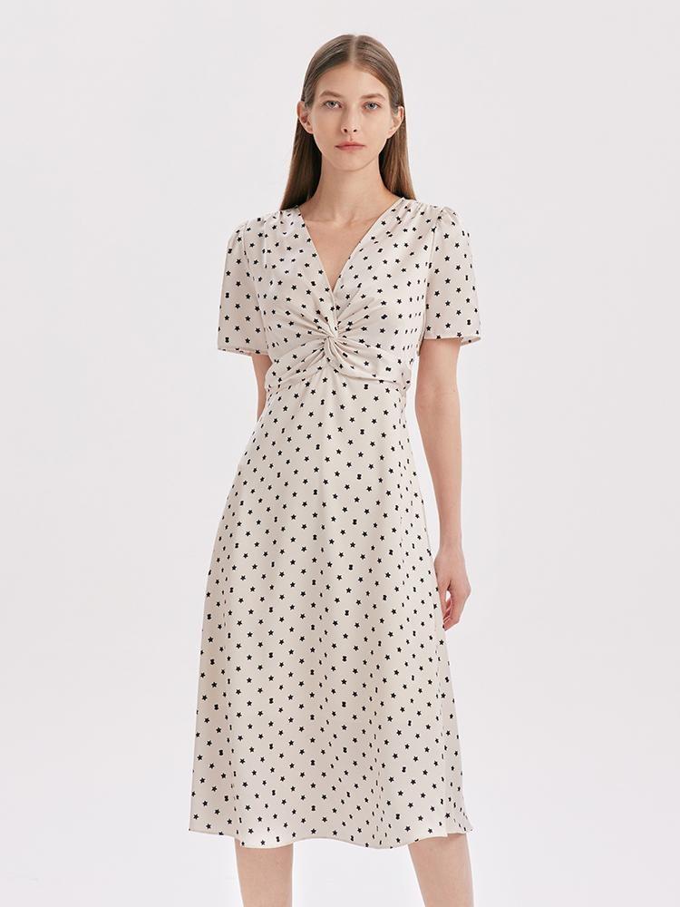 Beige Combo Print V-Neck Twisted Polka Dot Midi Dress