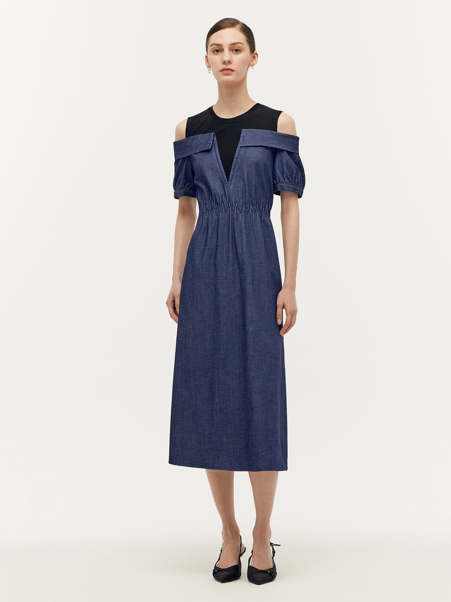 Denim Lyocell Cold Shoulder Patchwork Women Midi Dress
