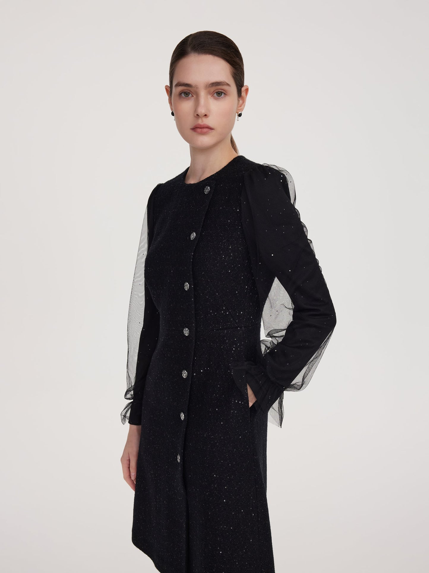 Wool Blend Tweed Sequins Women Long Sleeve Mini Dress