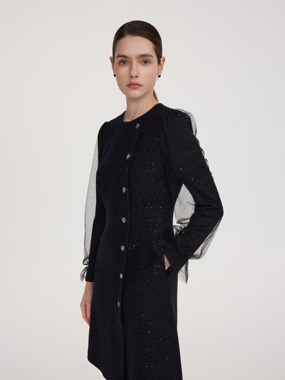 Wool Blend Tweed Sequins Women Long Sleeve Mini Dress