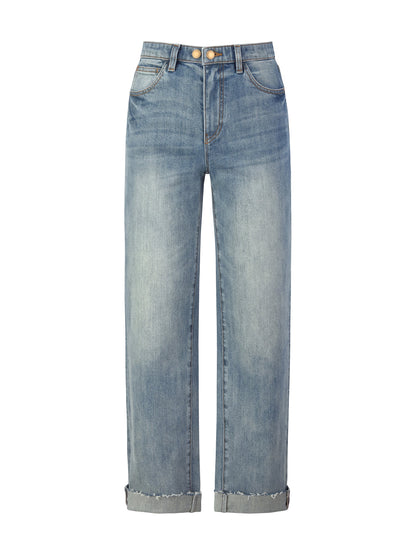 Cotton Denim Adjustable Waist Women Straight Leg Folded Jeans