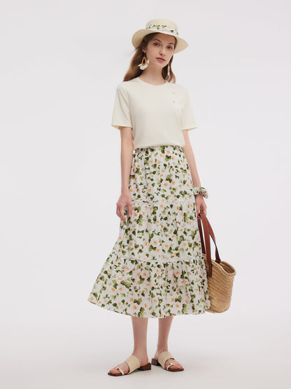 Acetate Blend Floral Print Women Tiered Skirt