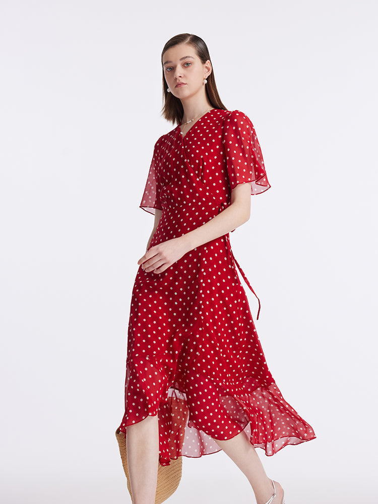 10 Momme Mulberry Silk Polka Dots Print Wrapped Ruffle Women Midi Dress