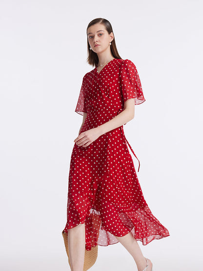 10 Momme Mulberry Silk Polka Dots Print Wrapped Ruffle Women Midi Dress