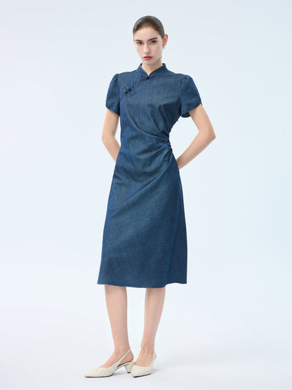 Tencel Blend Denim Side Twist Women Qipao Midi Dress