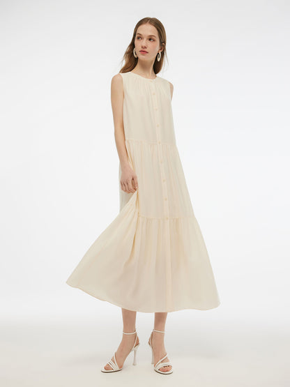 Acetate Blend Loose Fit Women A-Line Maxi Vest Dress With Belt