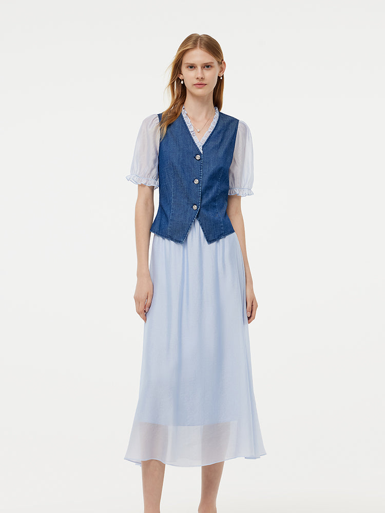 Denim Lyocell Patchwork Crop Jacket And Skirt Two-Piece Set