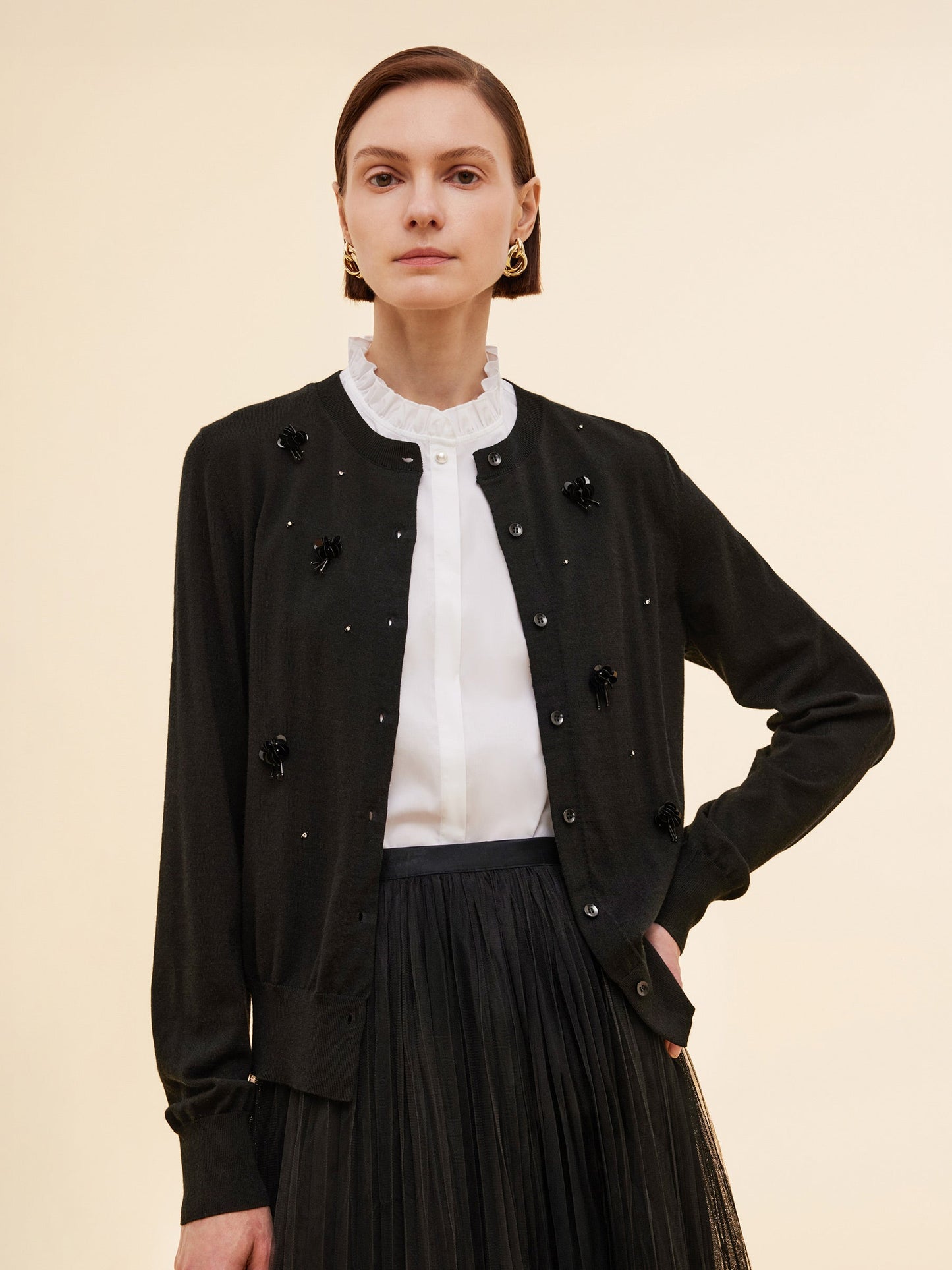 Worsted Wool Blend Beaded Sequins Women Cardigan
