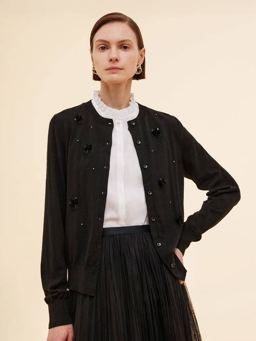 Worsted Wool Blend Beaded Sequins Women Cardigan