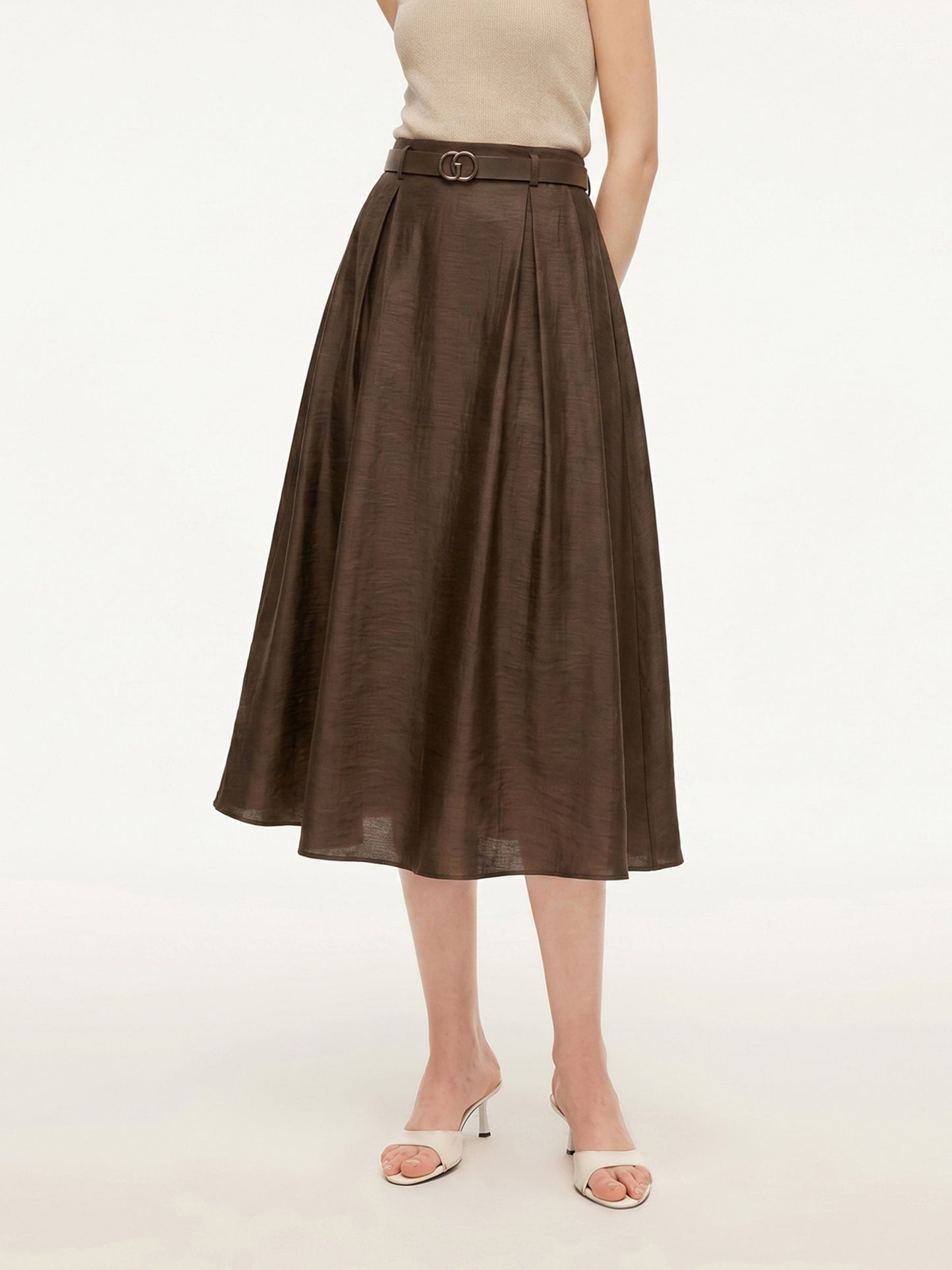 Tencel Linen Blend Women A-Line Skirt With Leather Belt