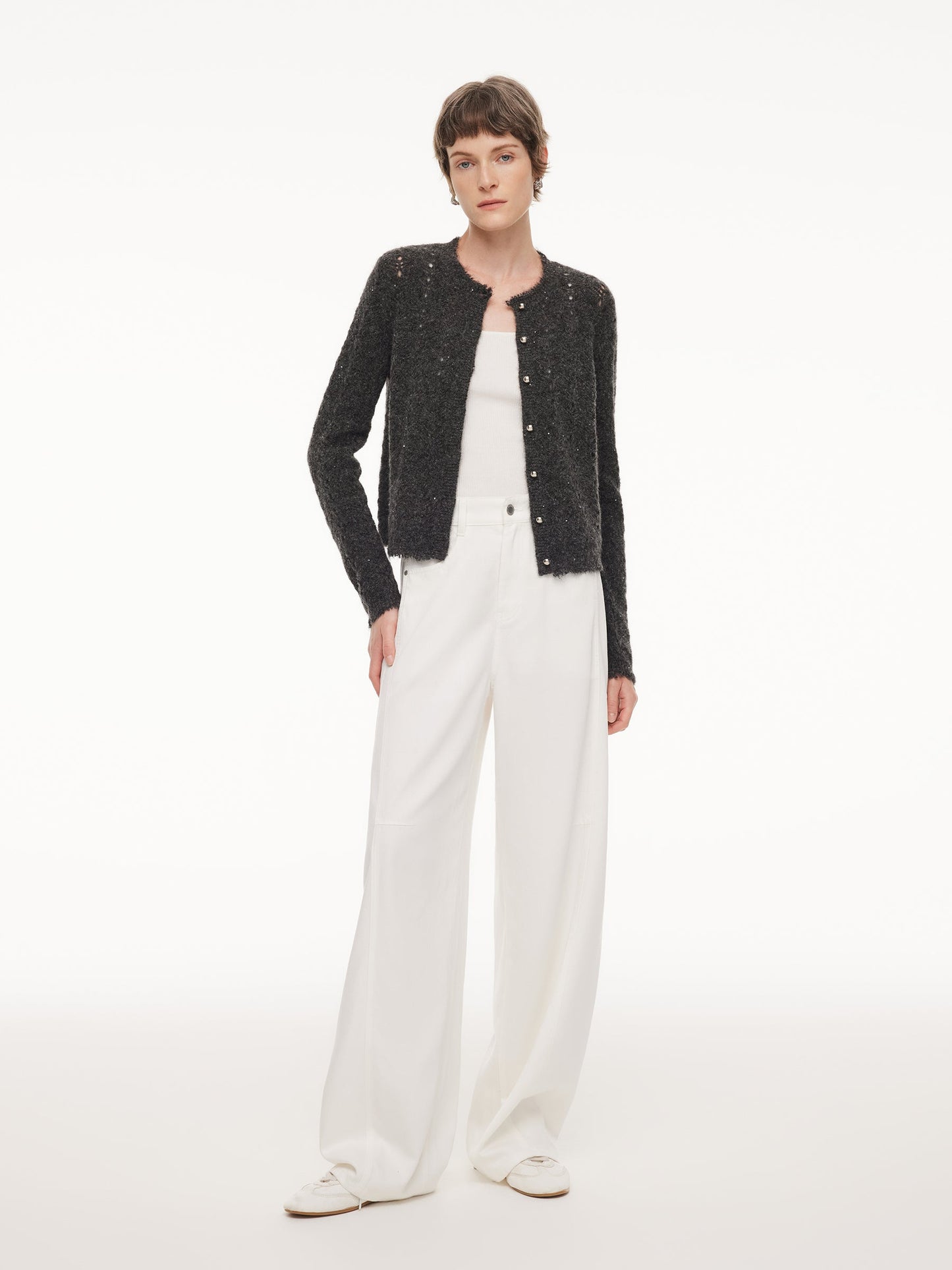 Alpaca Wool Blend Frayed Edges Women Open-Knit Cardigan