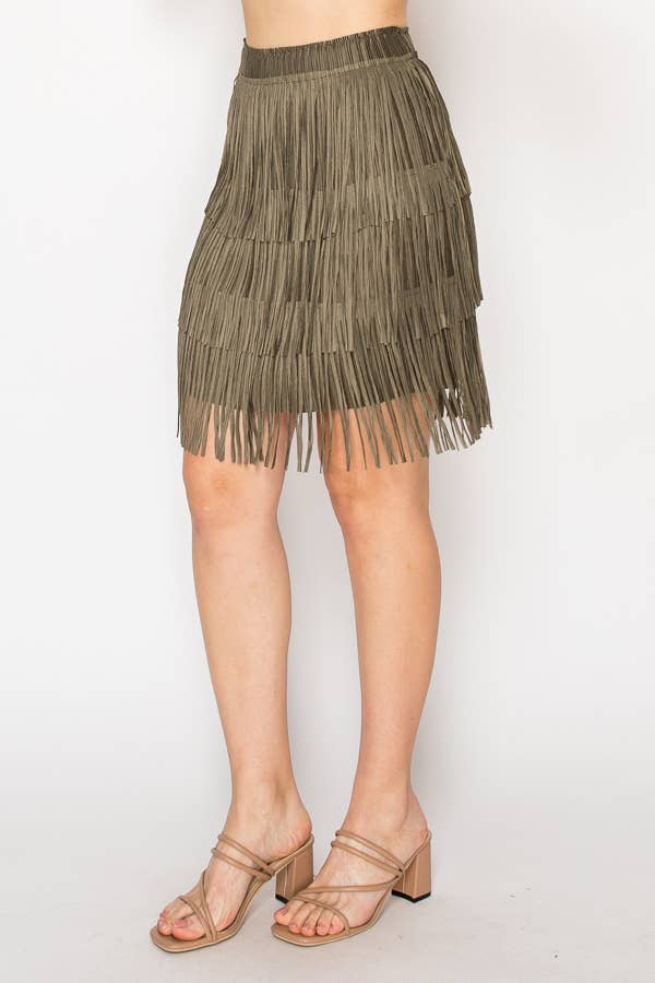 Origami - Olive Knee Length Layered Fringe Tiered Skirt