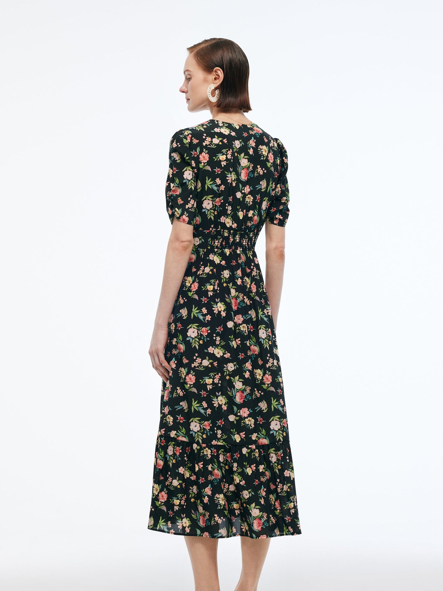 16MM Mulberry Silk Floral Print Women Puff Sleeve Maxi Dress