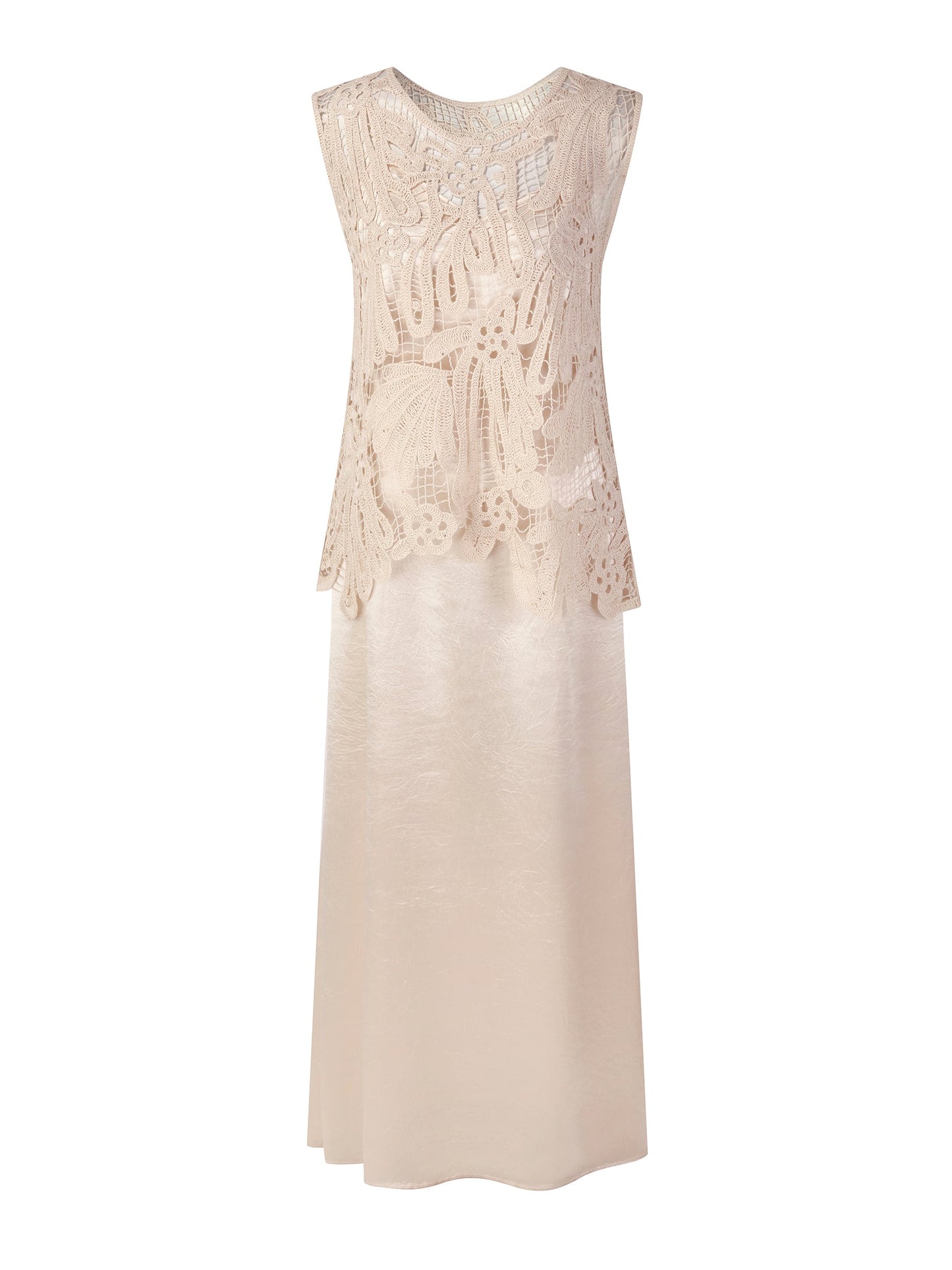 100% Acetate Openwork Crochet Tank Top And Slip Dress Two-Piece Set