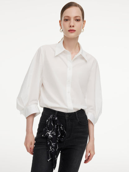 100% Cotton 3/4 Sleeve Women Shirt With Ribbon Print Silky Scarf