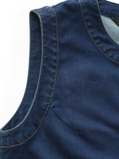 Denim Stretch Front Button Women Mini Dress