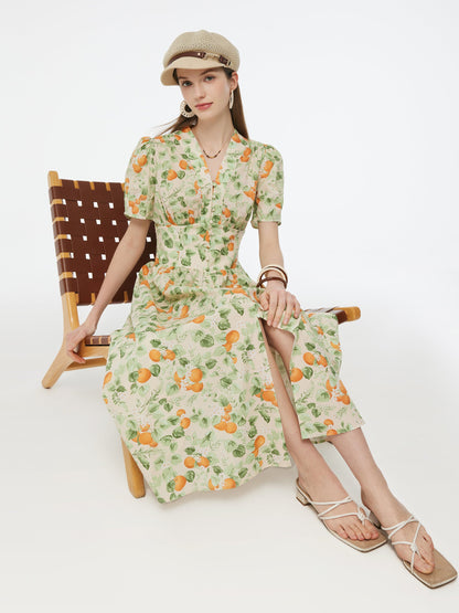 Cotton Gathered Waist Floral Print Women Maxi Dress