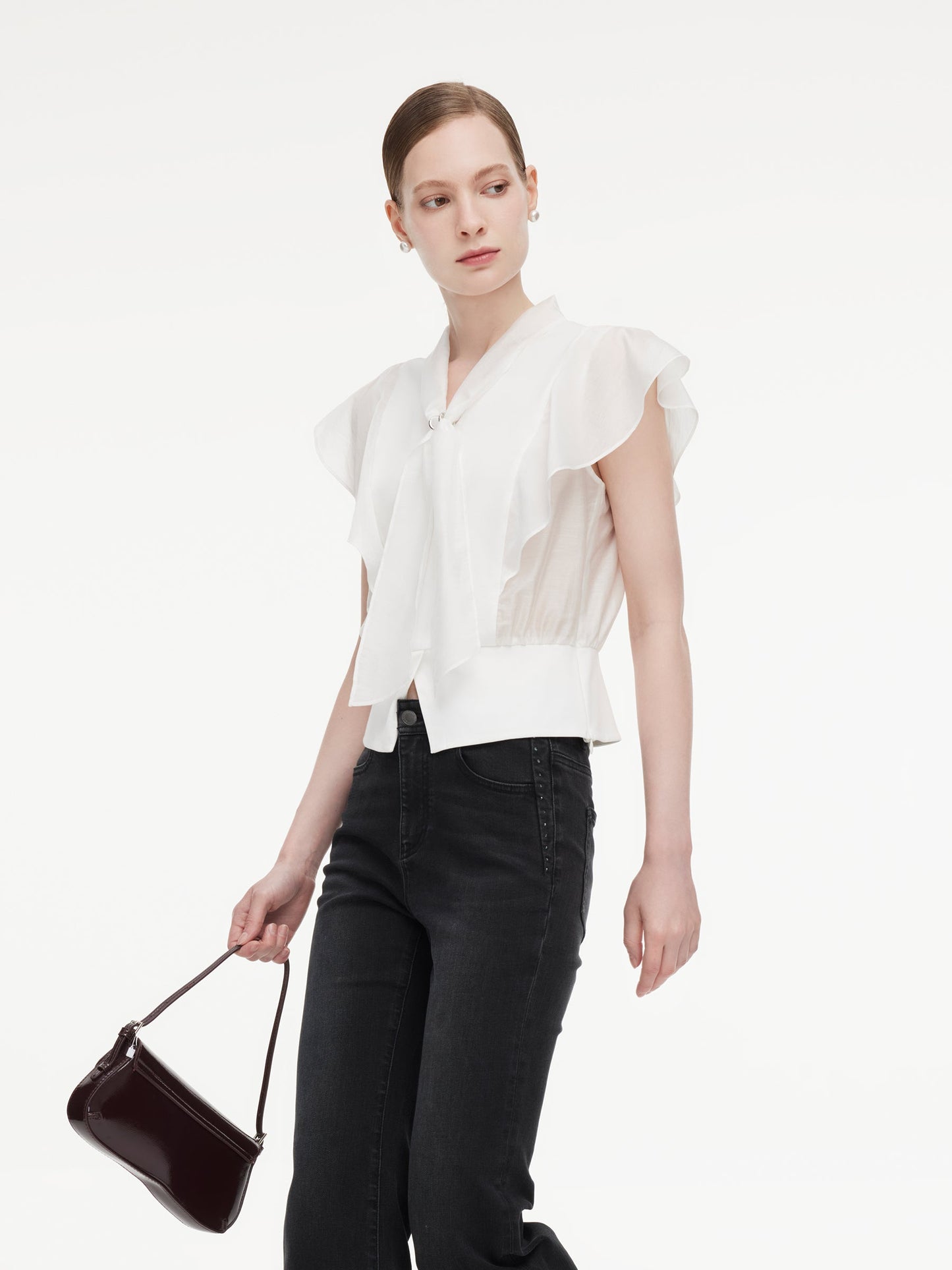 100% Cotton Ruffle Sleeve Women Blouse With Detachable Scarf Buckle