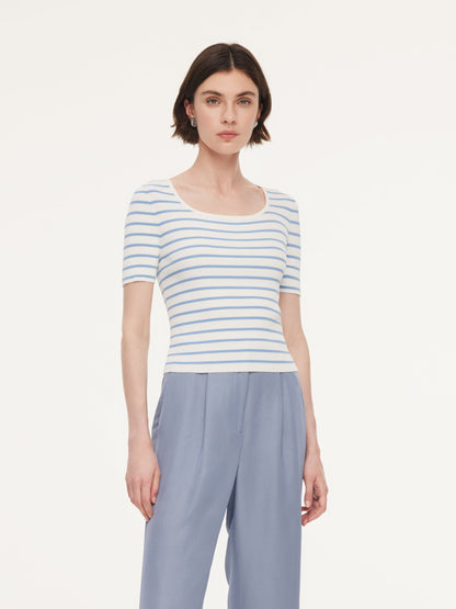 Lyocell Blend Stripe Square Neck Women Knit Top
