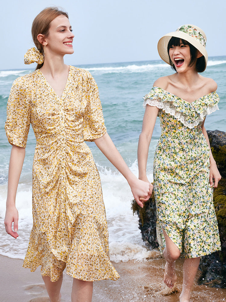 Pleated Fishtail Floral Midi Printed Dress