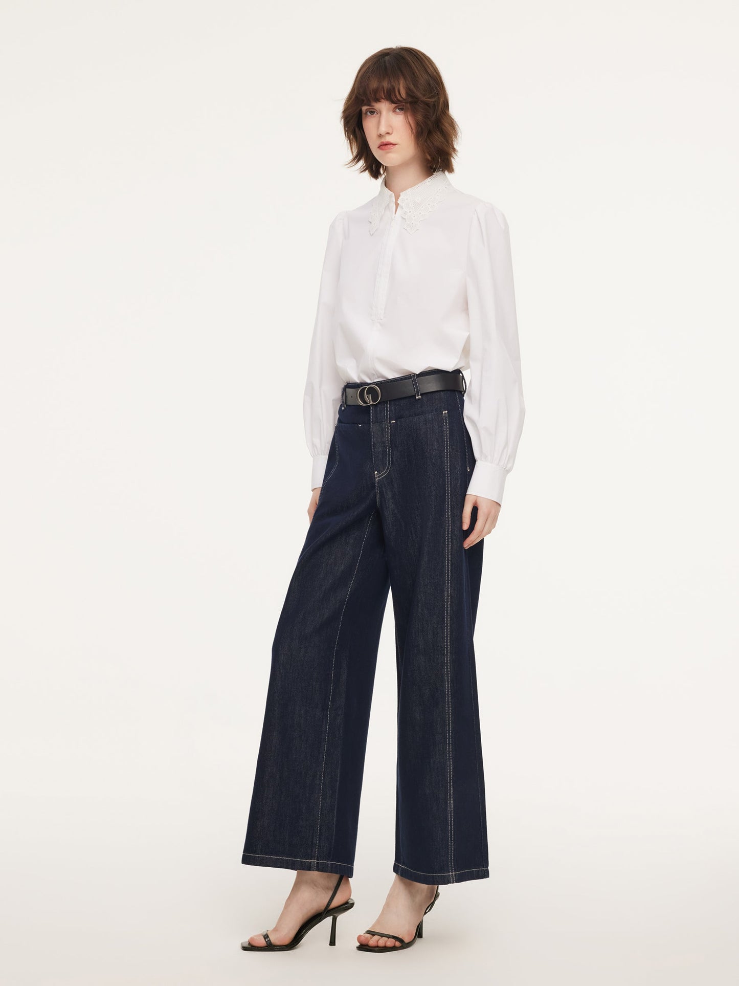 Lyocell Blend Denim Paneled Seam Women Wide Leg Jeans With Belt