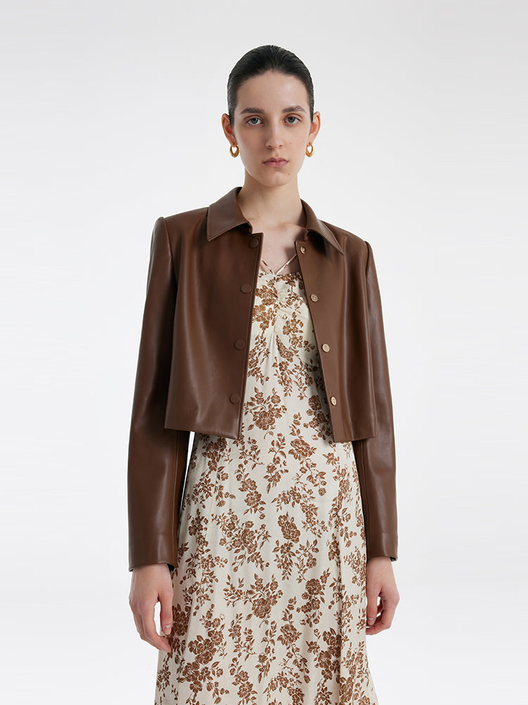 Eco-Friendly Leather Lapel Women Crop Jacket