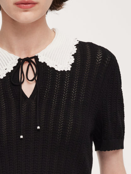 Tencel Blend Color Block Tie Front Women Openwork Knit Top