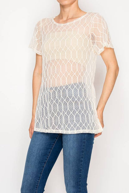 Origami - Sheer Lattice Mesh Short Sleeve Blouse - Beige