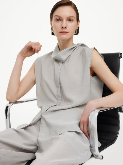Triacetate Blend Ribbon Neck Women Sleeveless Blouse