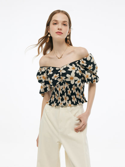 Cotton Stretch Floral Print Women Smocked Top