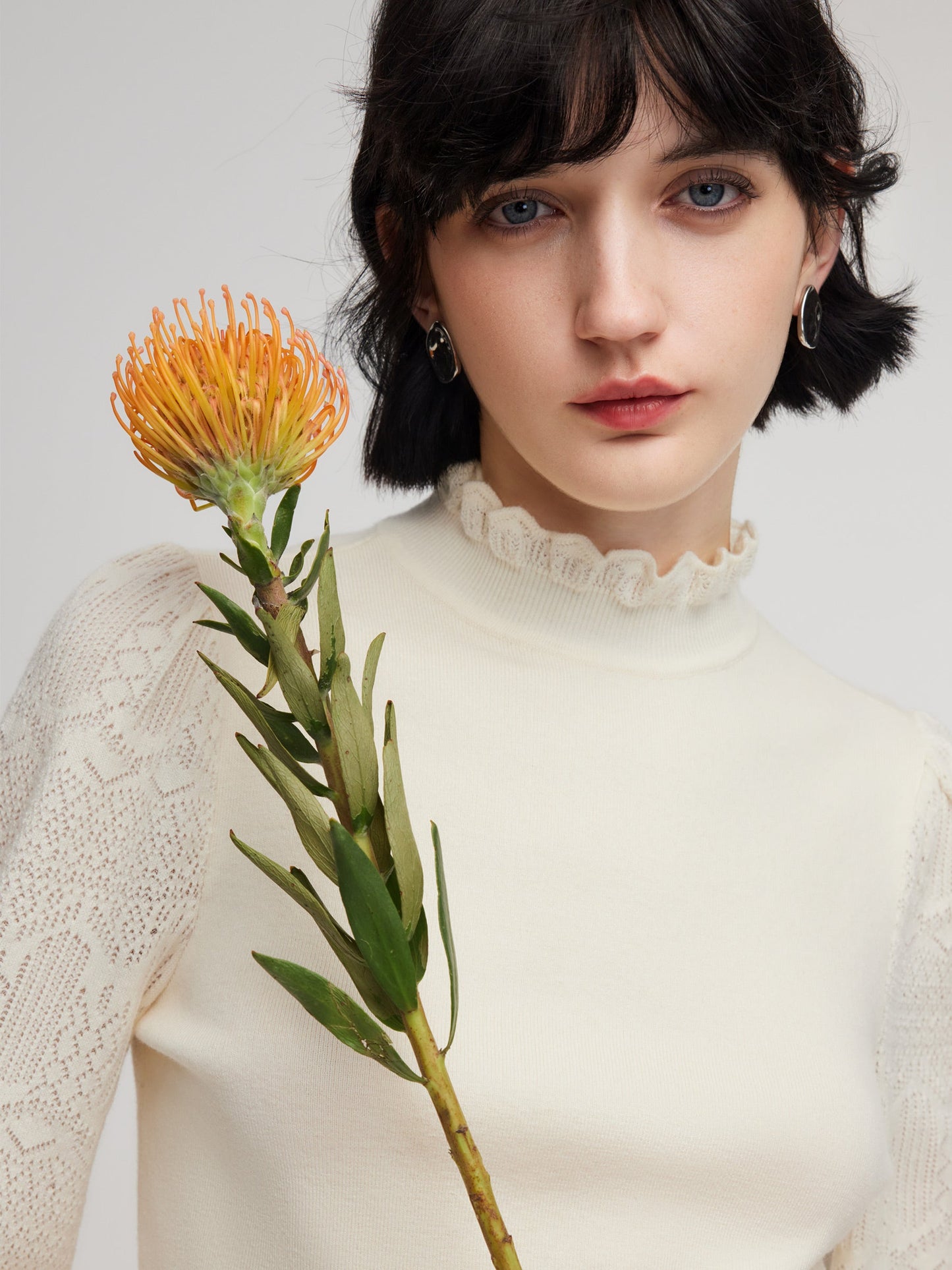 Tencel Wool Blend Ruffle Neck Women Sweater