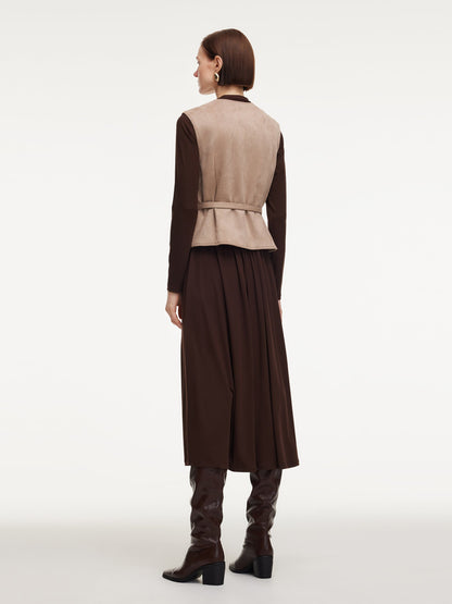 Faux Suede Vest And Knit Dress Two-Piece Set With Belt