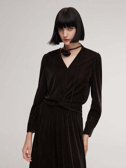 Velvet Twist Front Knit Top And Skirt Two-Piece Set With Floral Ribbon
