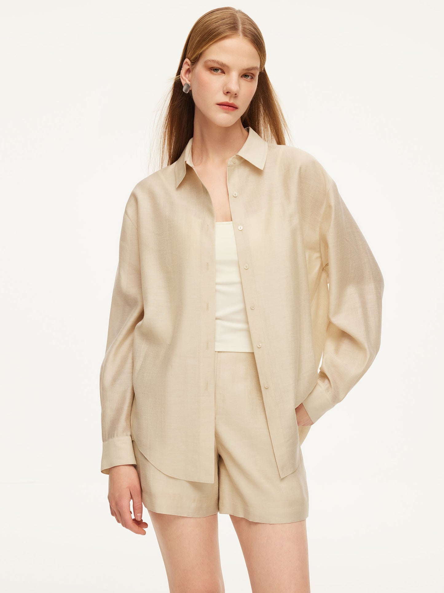 Tencel Acetate Linen Blend Women Sheer Oversized Shirt & Camisole Two-Piece Set