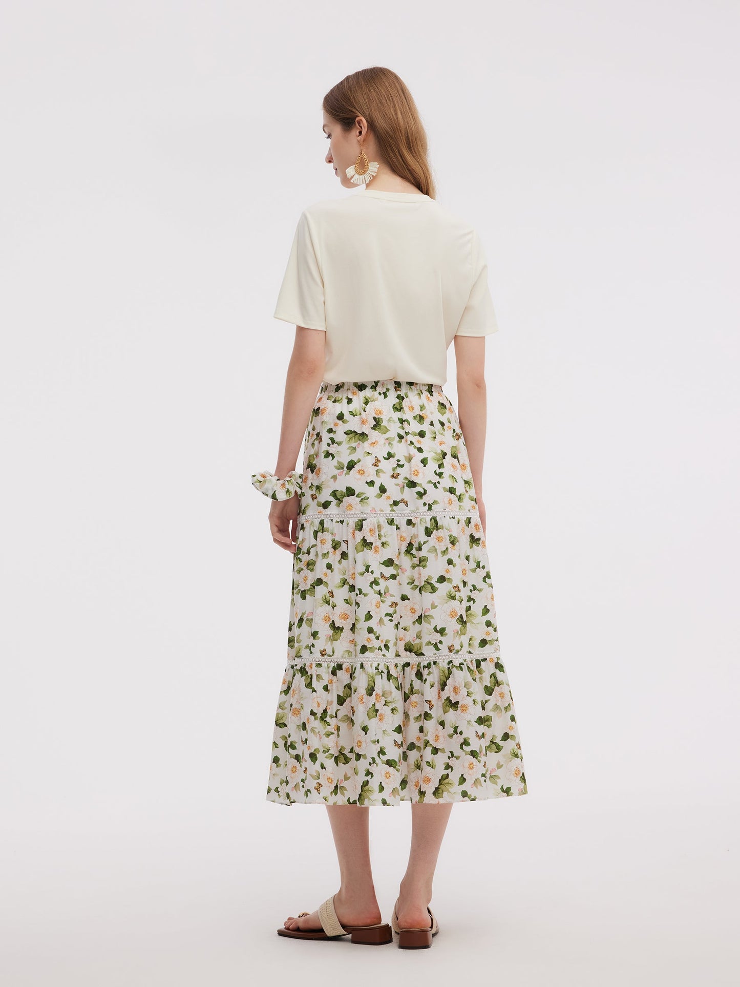 Acetate Blend Floral Print Women Tiered Skirt
