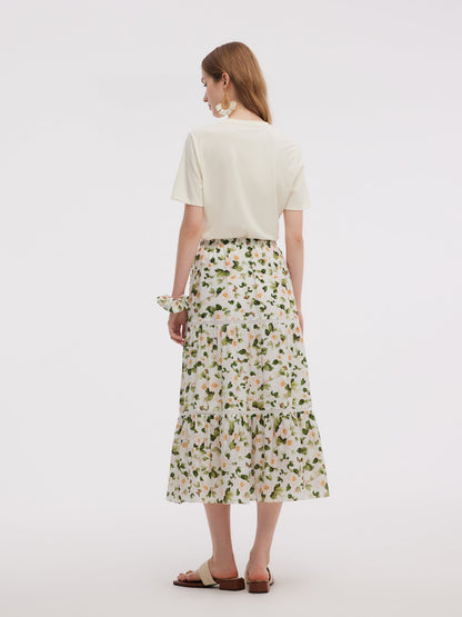 Acetate Blend Floral Print Women Tiered Skirt