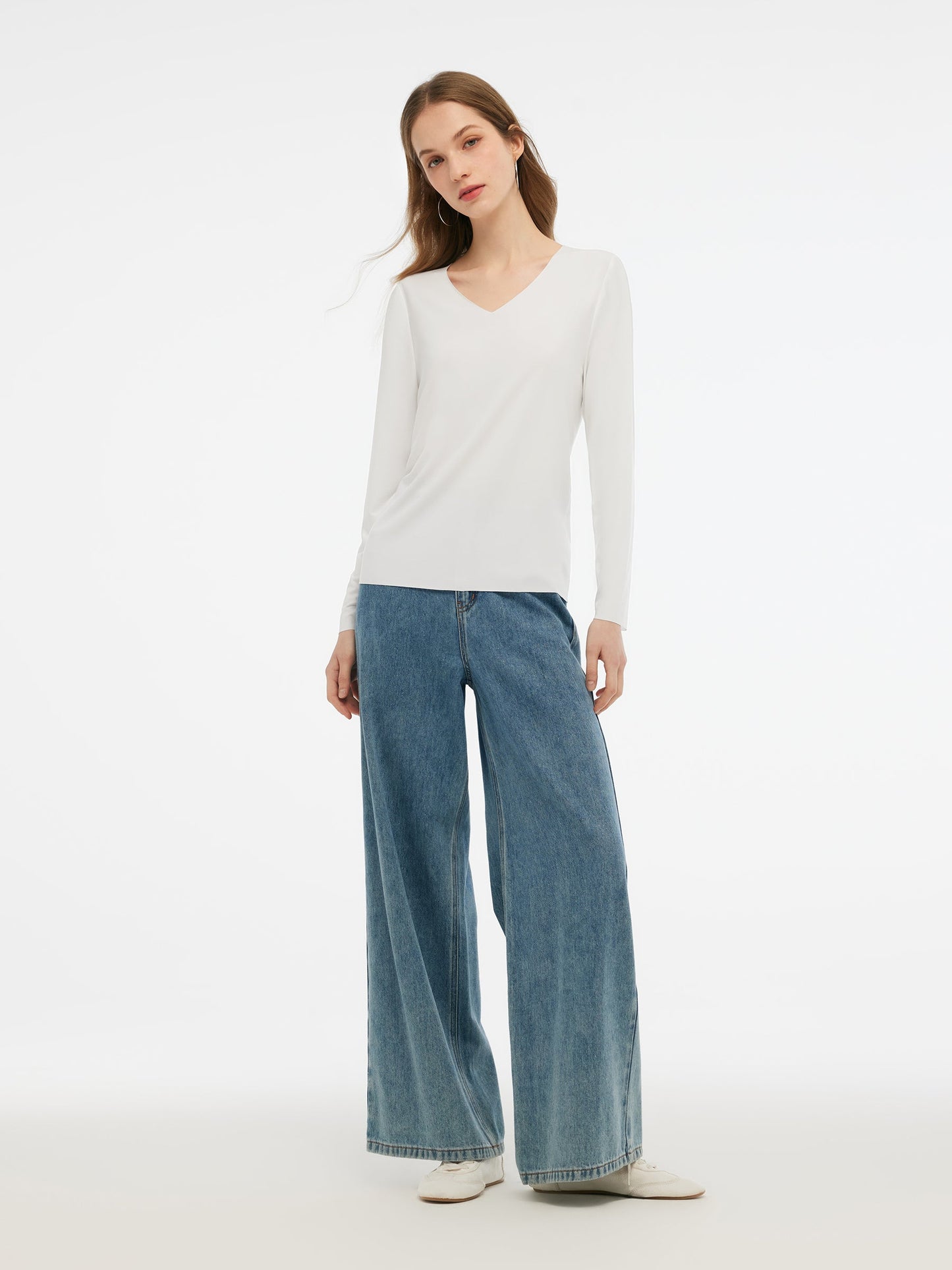 Two-pack (Black & White) Modal V-Neck Long Sleeve Top