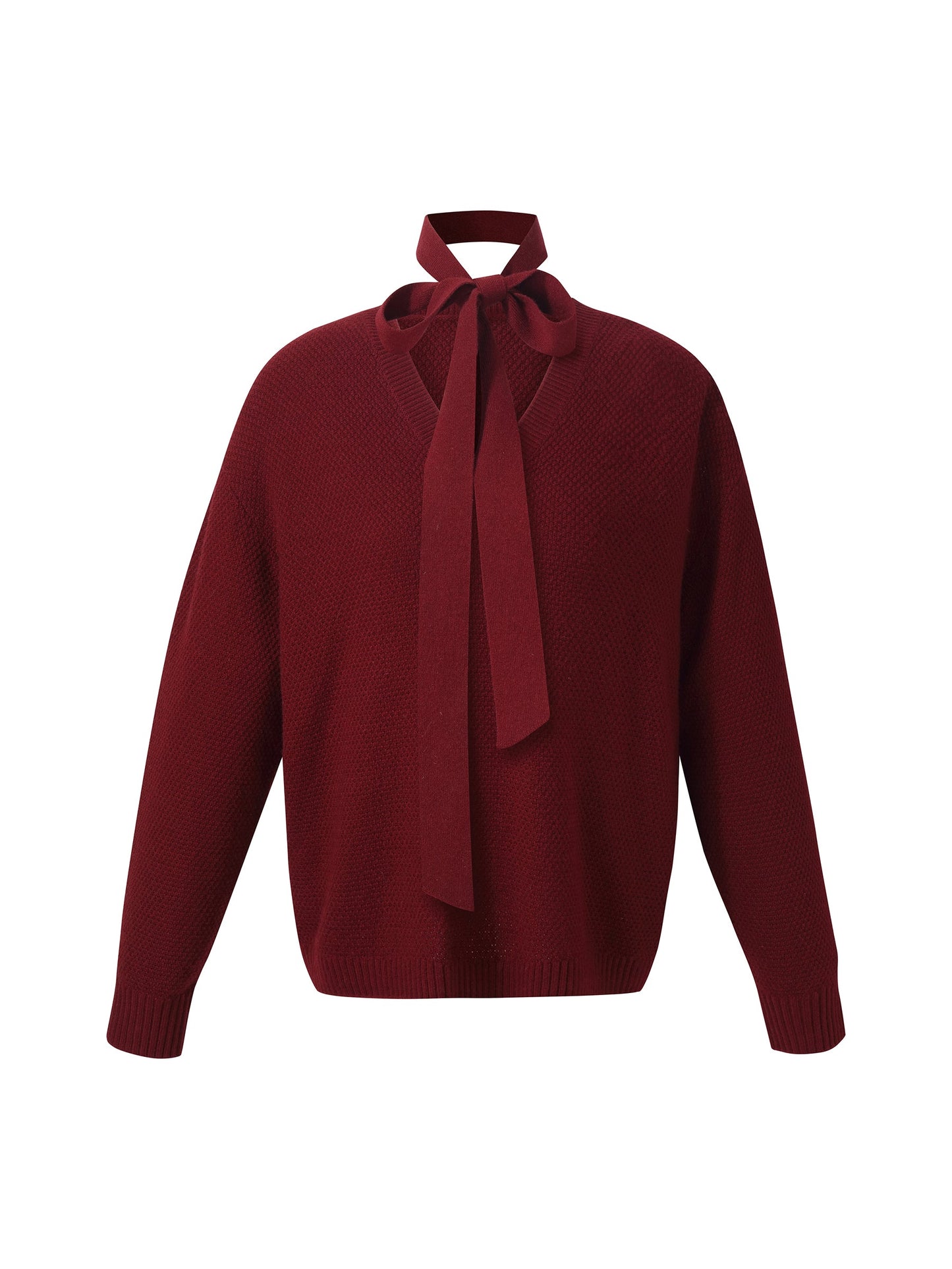 Wool Blend Women V-Neck Knit Top With Ribbon