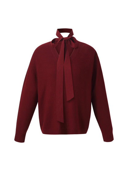 Wool Blend Women V-Neck Knit Top With Ribbon
