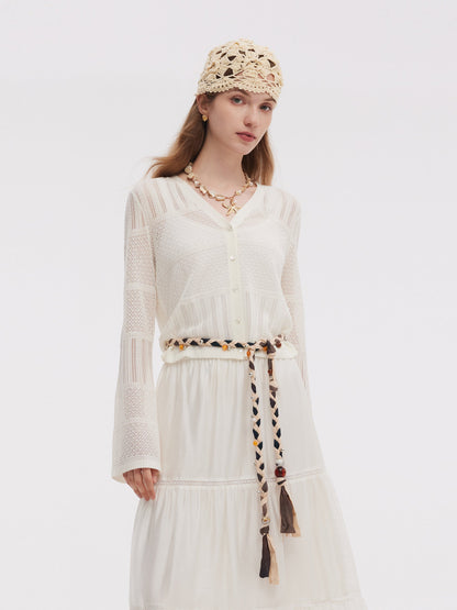 Tencel Blend Openwork Women Flared Sleeve Cardigan