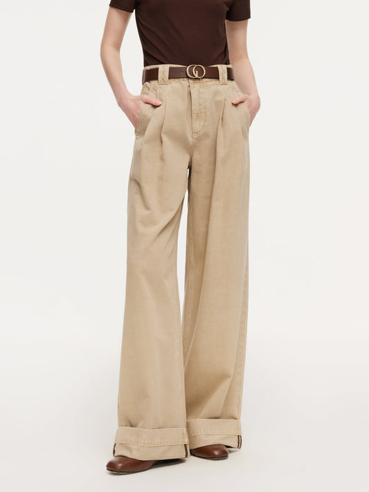 Cotton Denim Straight Wide Leg Women Folded Jeans With Belt